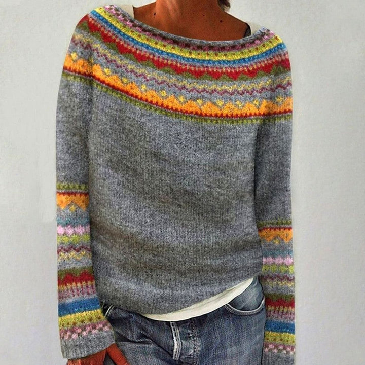 Women's Merino Wool Fair Isle Striped Knit Pullover Sweater - Gray