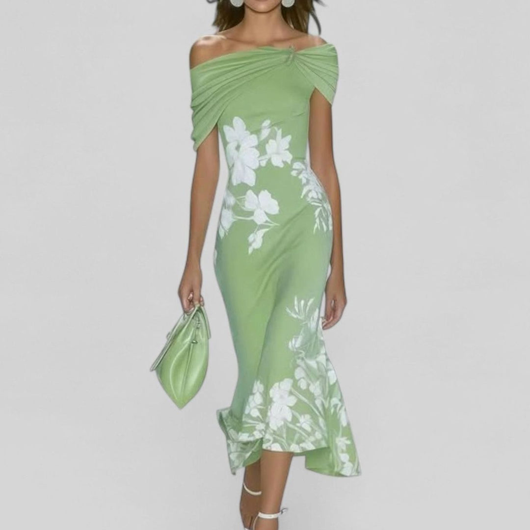 Women's Off-Shoulder Floral Ruched Midi Dress - Green