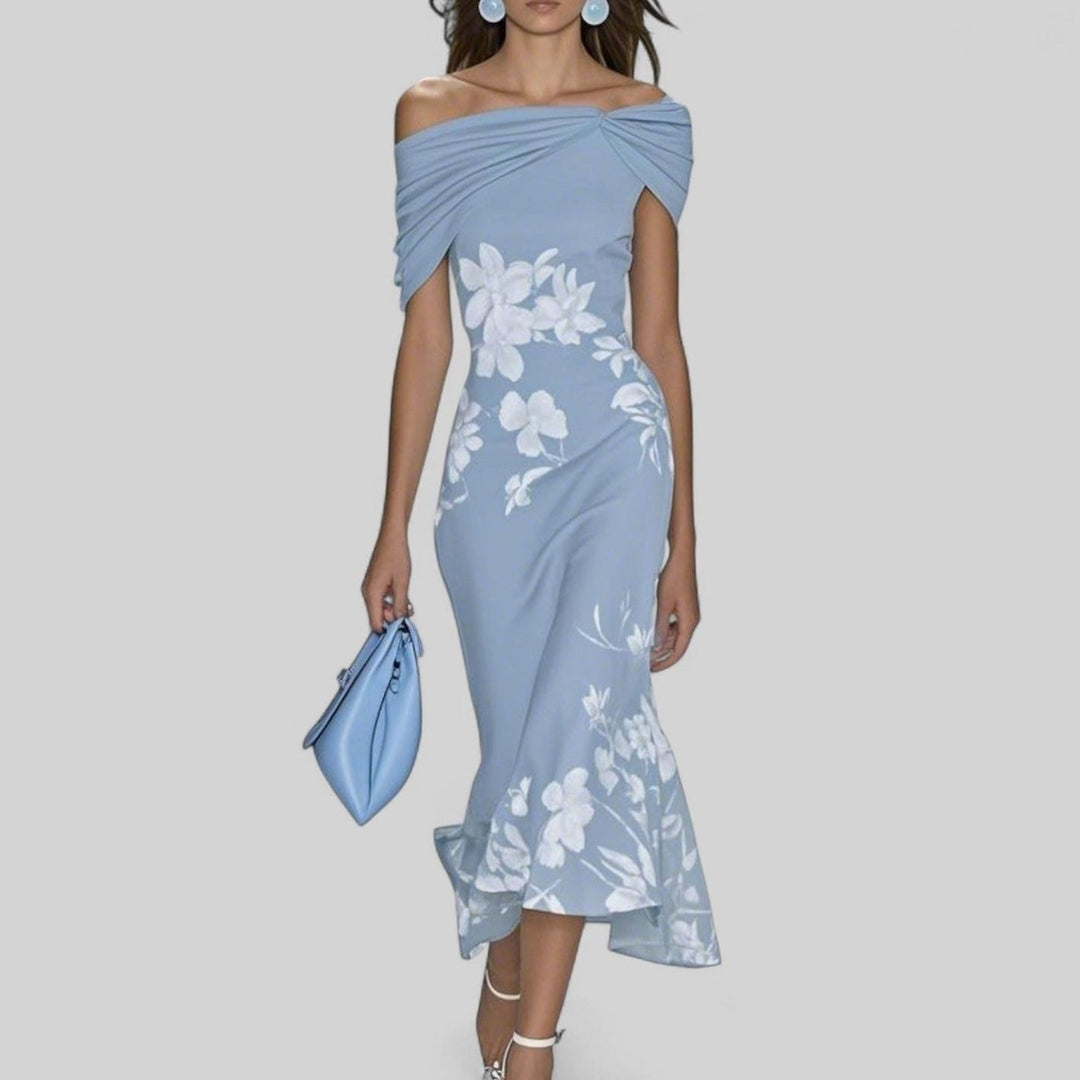 Women's Off-Shoulder Floral Ruched Midi Dress - Blue