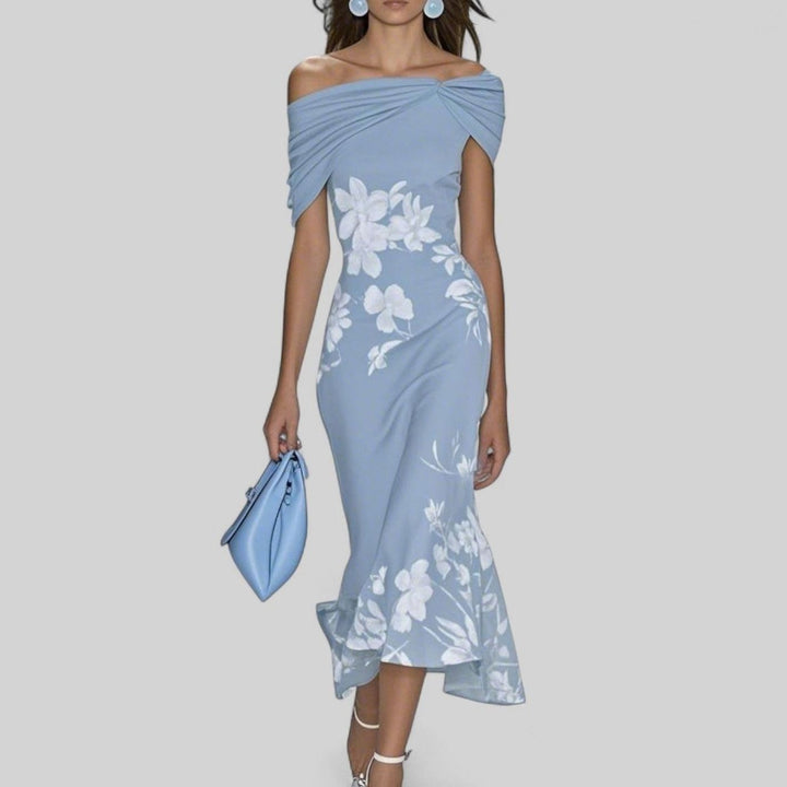 Women's Off-Shoulder Floral Ruched Midi Dress - Blue