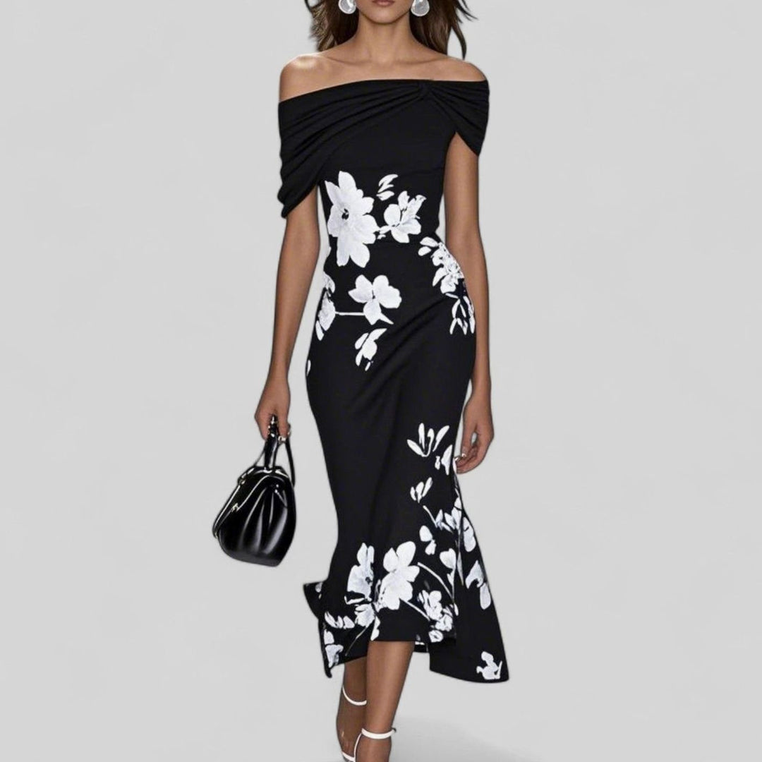 Women's Off-Shoulder Floral Ruched Midi Dress - Black