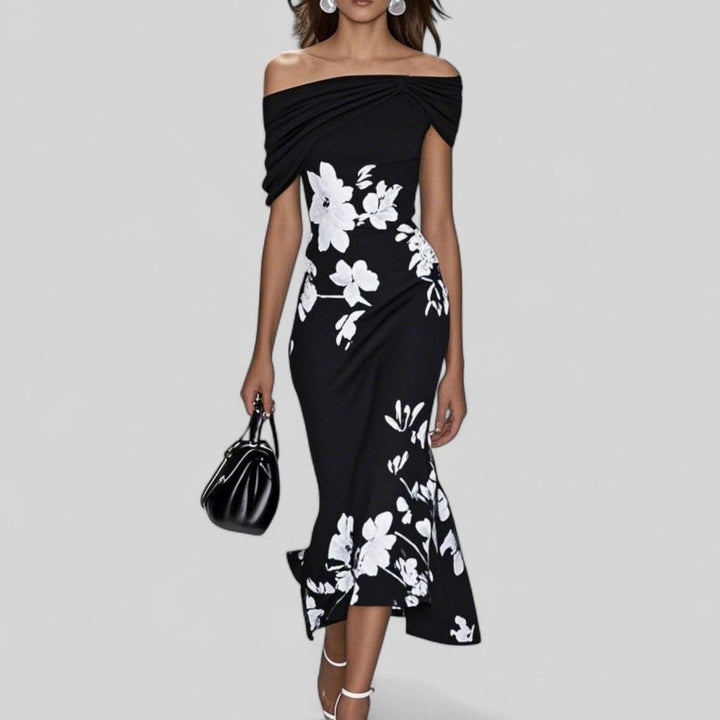 Women's Off-Shoulder Floral Ruched Midi Dress - Black