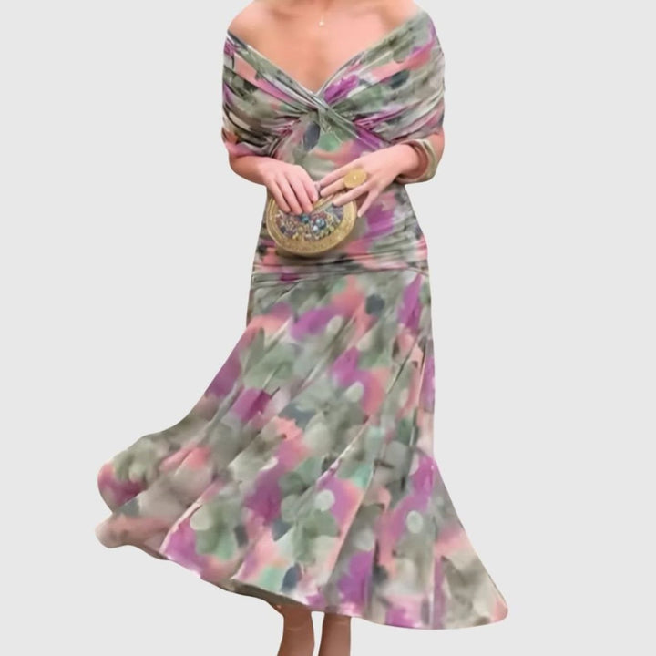 Women's Off-Shoulder Ruched Floral Midi Elegant Dress