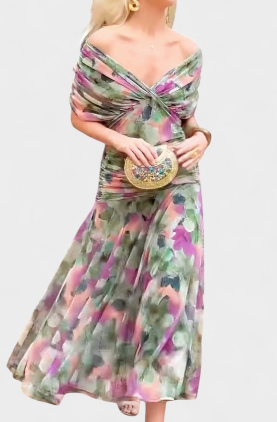 Women's Off-Shoulder Ruched Floral Midi Elegant Dress