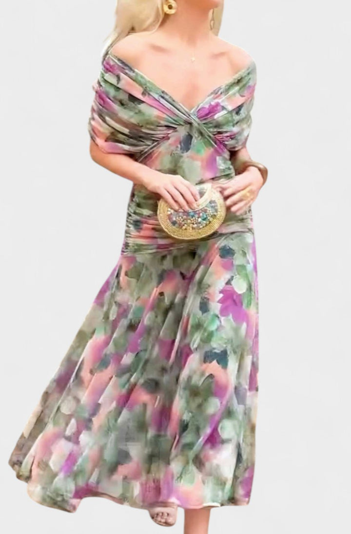 Women's Off-Shoulder Ruched Floral Midi Elegant Dress