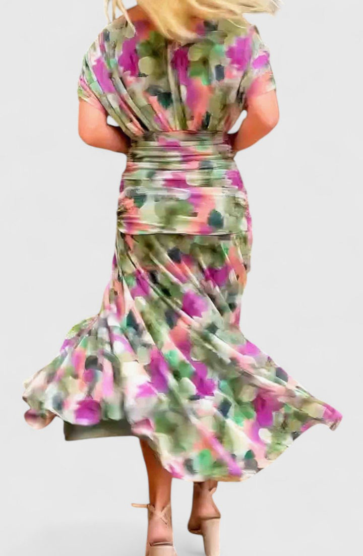 Women's Off-Shoulder Ruched Floral Midi Elegant Dress