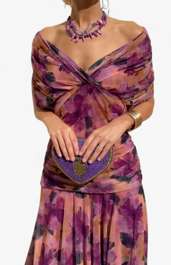 Women's Off-Shoulder Ruched Floral Midi Elegant Dress - Purple