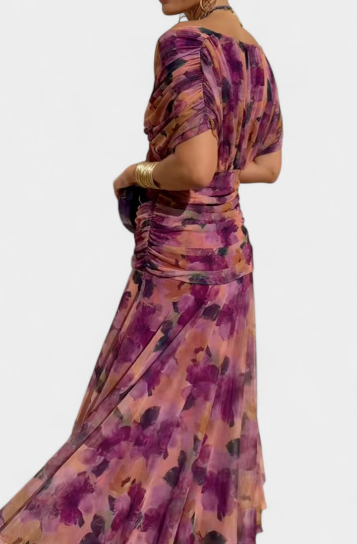 Women's Off-Shoulder Ruched Floral Midi Elegant Dress