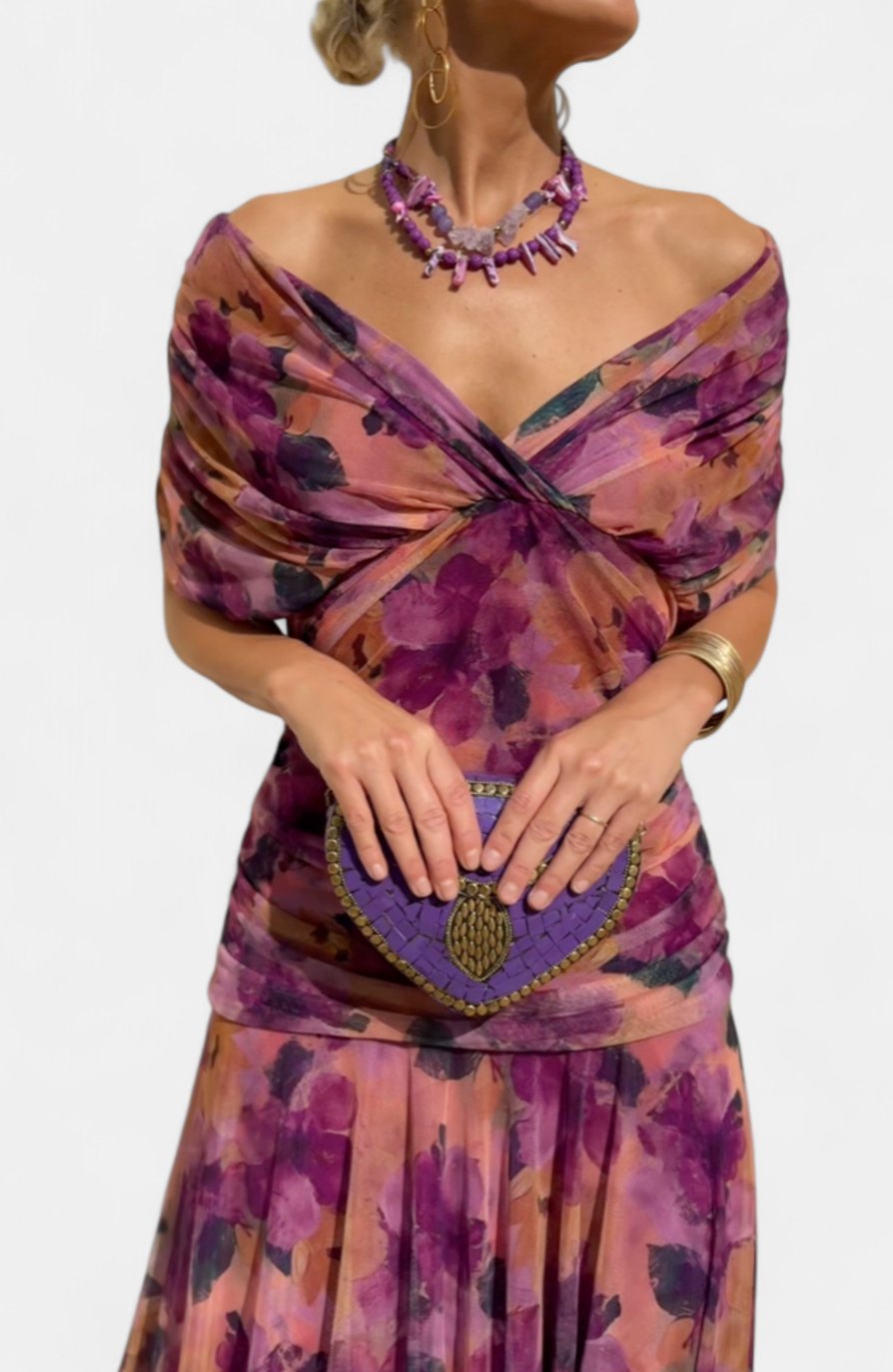 Women's Off-Shoulder Ruched Floral Midi Elegant Dress