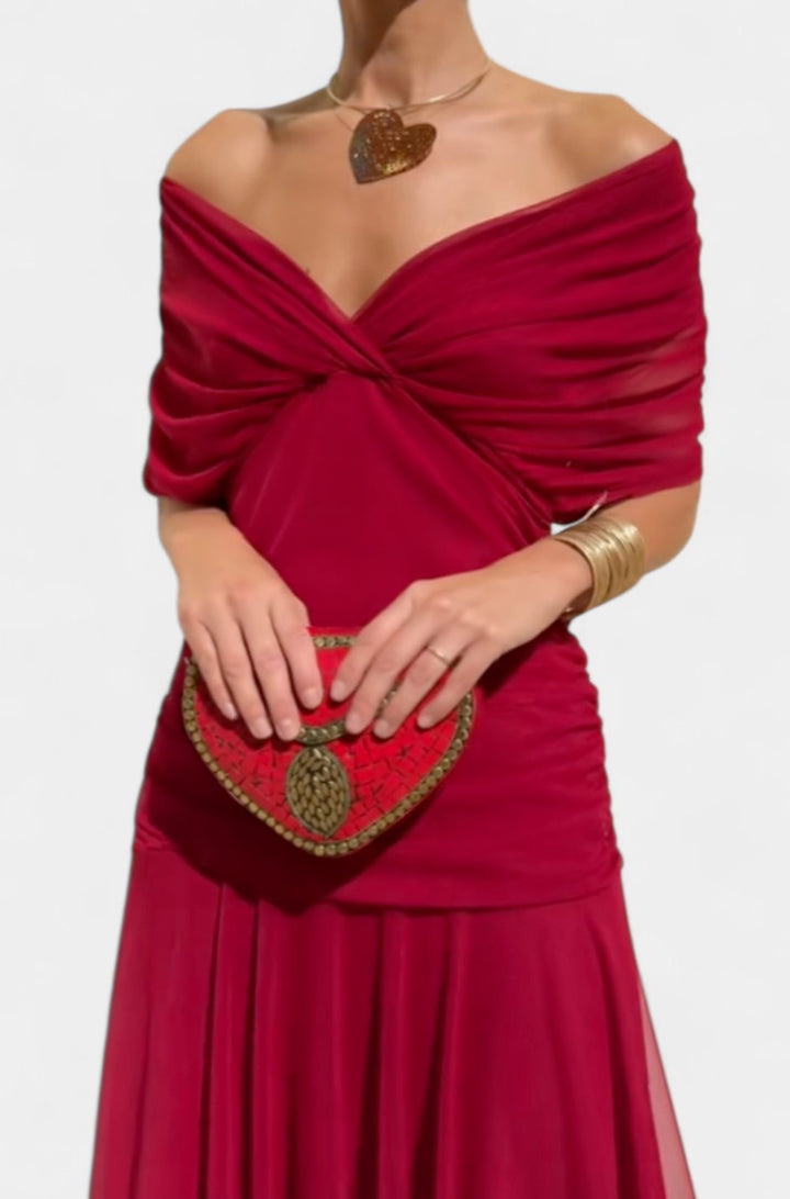 Women's Off-Shoulder Ruched Floral Midi Elegant Dress - Red