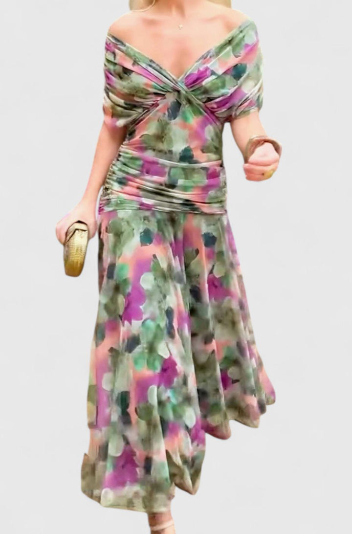 Women's Off-Shoulder Ruched Floral Midi Elegant Dress