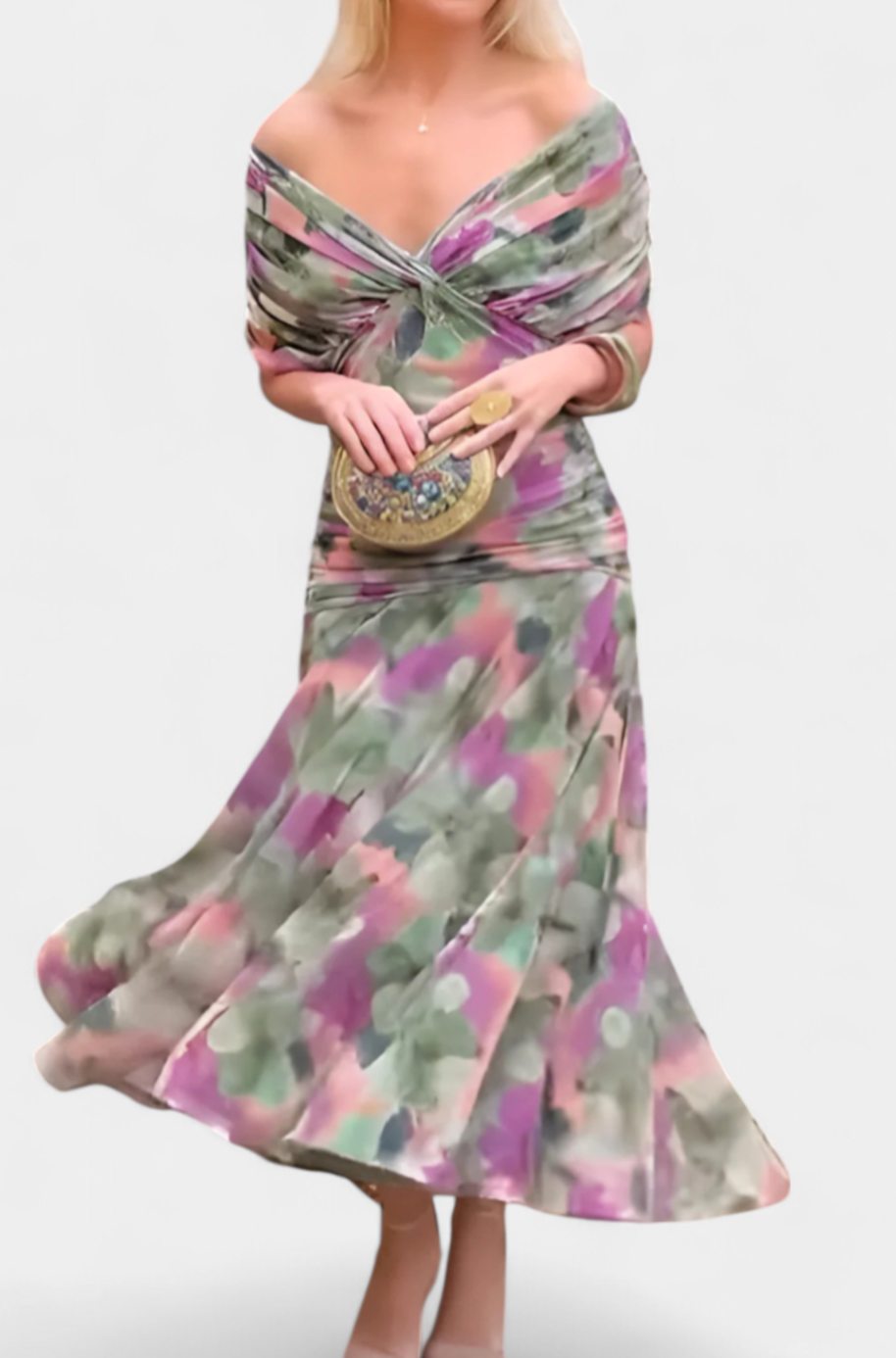 Women's Off-Shoulder Ruched Floral Midi Elegant Dress - Green and Purple