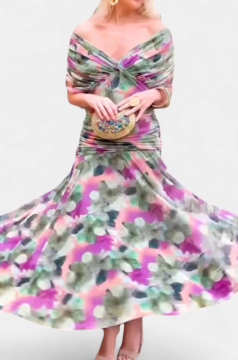 Women's Off-Shoulder Ruched Floral Midi Elegant Dress