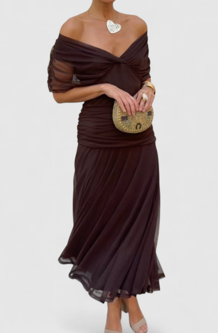 Women's Off-Shoulder Ruched Floral Midi Elegant Dress