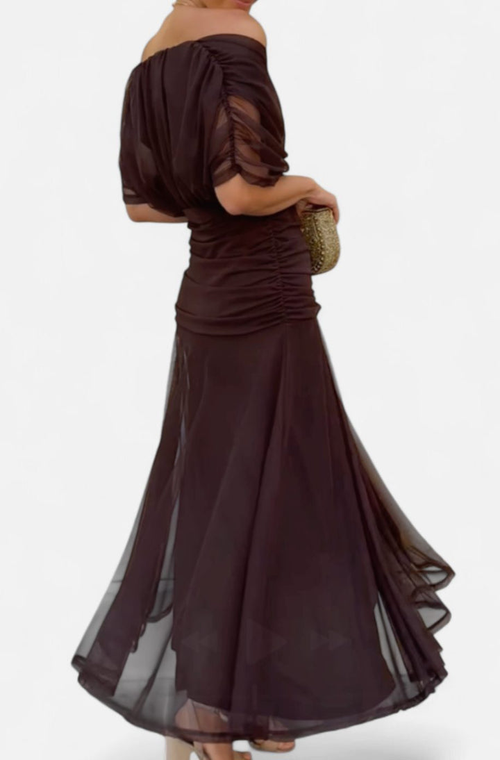 Women's Off-Shoulder Ruched Floral Midi Elegant Dress