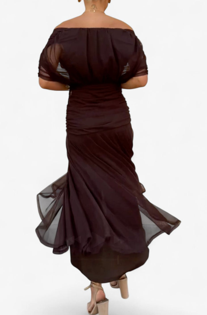 Women's Off-Shoulder Ruched Floral Midi Elegant Dress