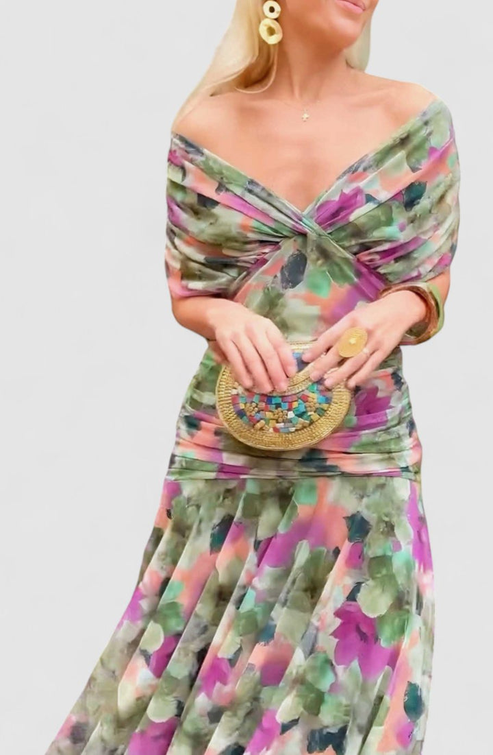 Women's Off-Shoulder Ruched Floral Midi Elegant Dress