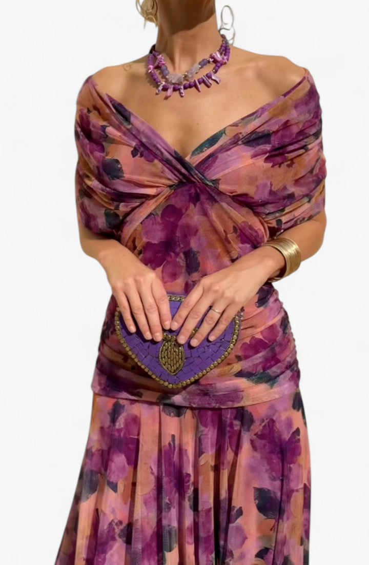 Women's Off-Shoulder Ruched V-Neck Elegant Maxi Dress - Purple