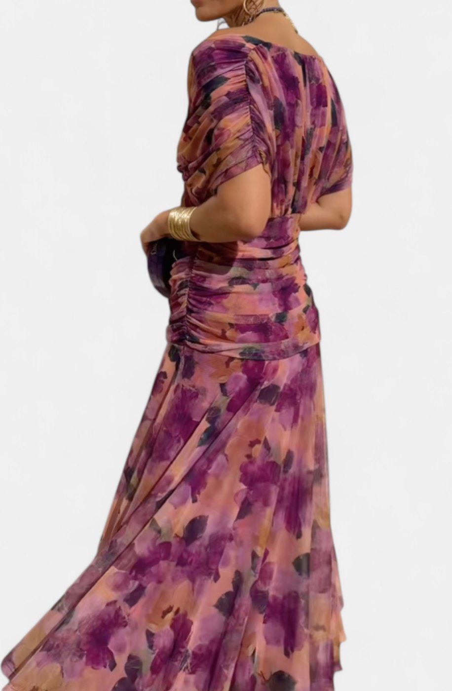 Women's Off-Shoulder Ruched V-Neck Elegant Maxi Dress