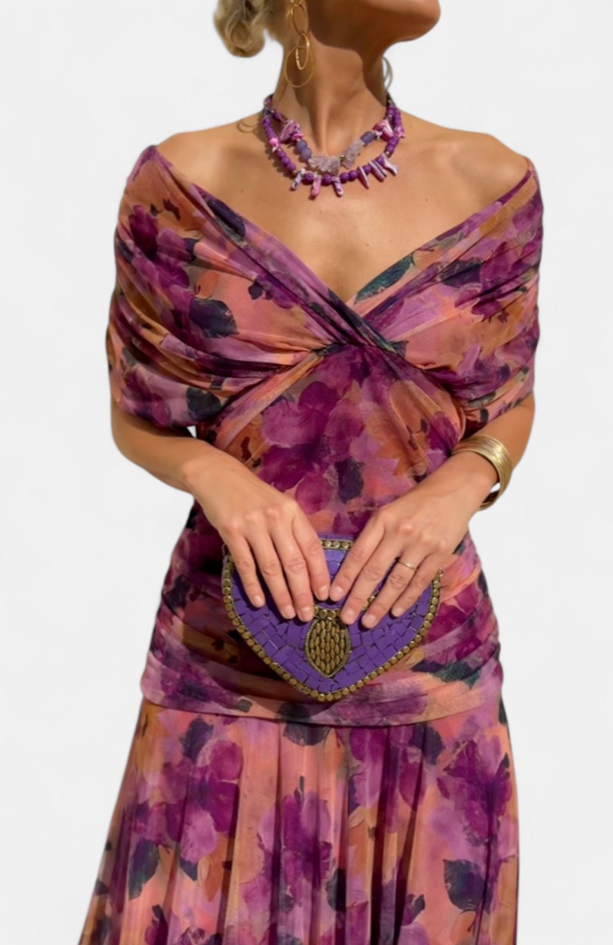 Women's Off-Shoulder Ruched V-Neck Elegant Maxi Dress
