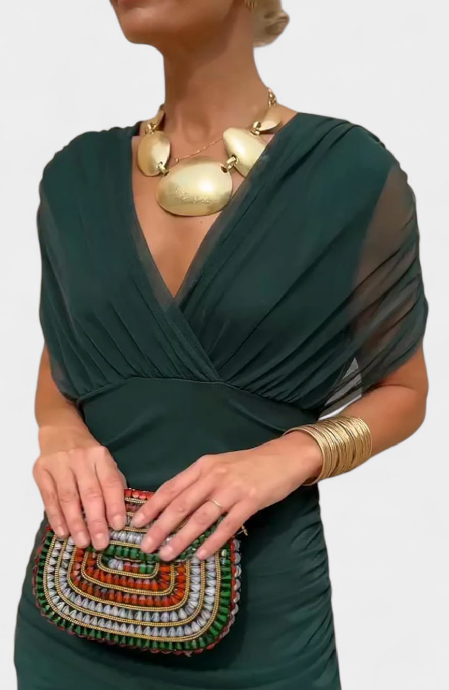 Women's Off-Shoulder Ruched V-Neck Elegant Maxi Dress - Green