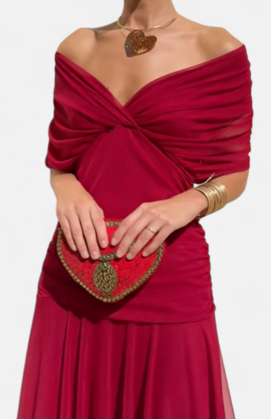 Women's Off-Shoulder Ruched V-Neck Elegant Maxi Dress - Red