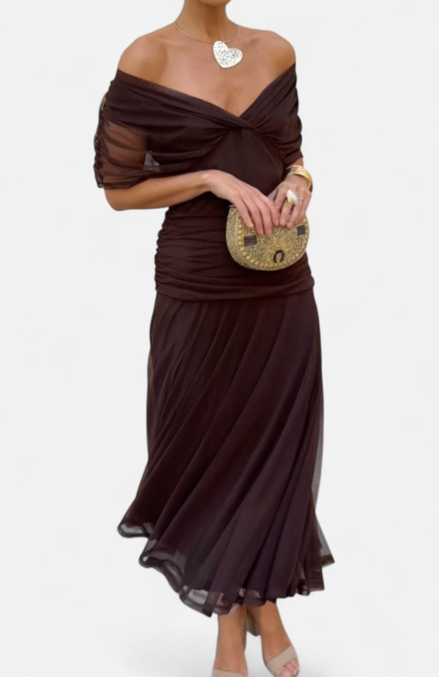 Women's Off-Shoulder Ruched V-Neck Elegant Maxi Dress