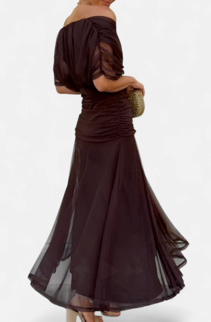 Women's Off-Shoulder Ruched V-Neck Elegant Maxi Dress