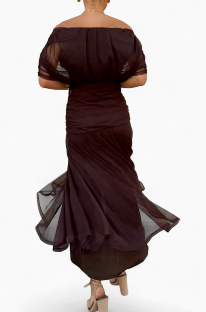 Women's Off-Shoulder Ruched V-Neck Elegant Maxi Dress