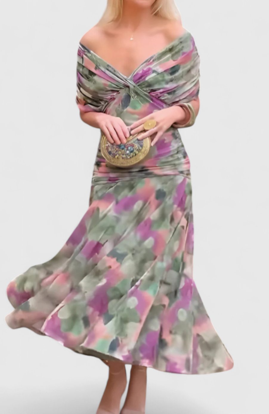 Women's Off-Shoulder Ruched V-Neck Elegant Maxi Dress - Green and Purple