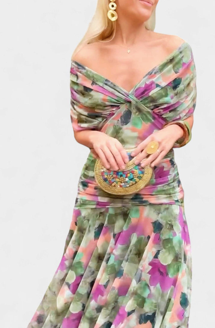 Women's Off-Shoulder Ruched V-Neck Elegant Maxi Dress