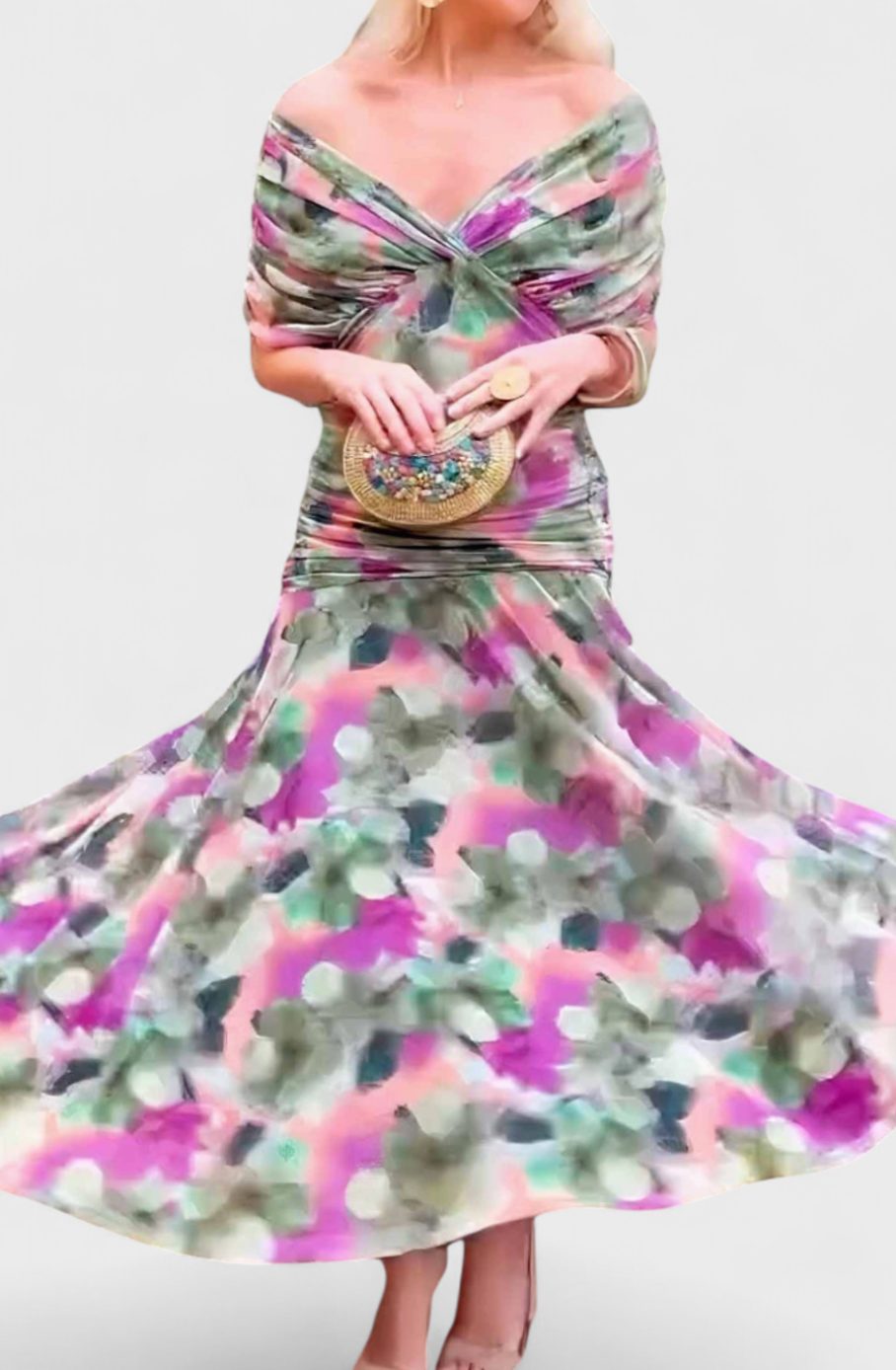 Women's Off-Shoulder Ruched V-Neck Elegant Maxi Dress
