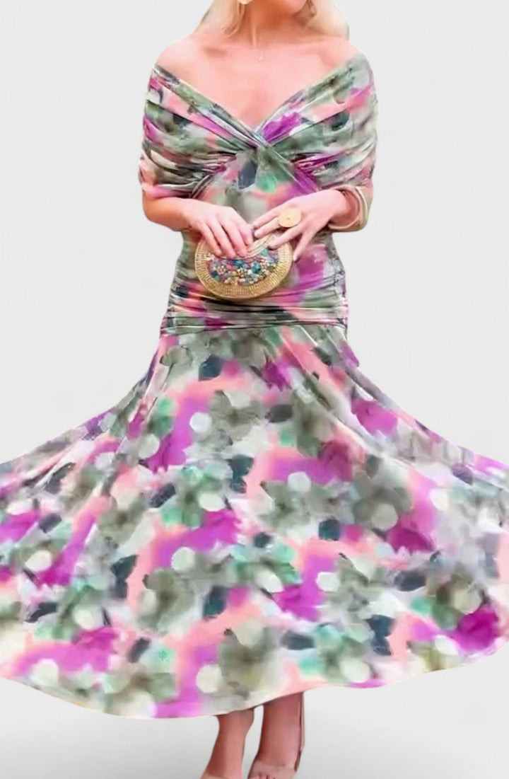 Women's Off-Shoulder Ruched V-Neck Elegant Maxi Dress