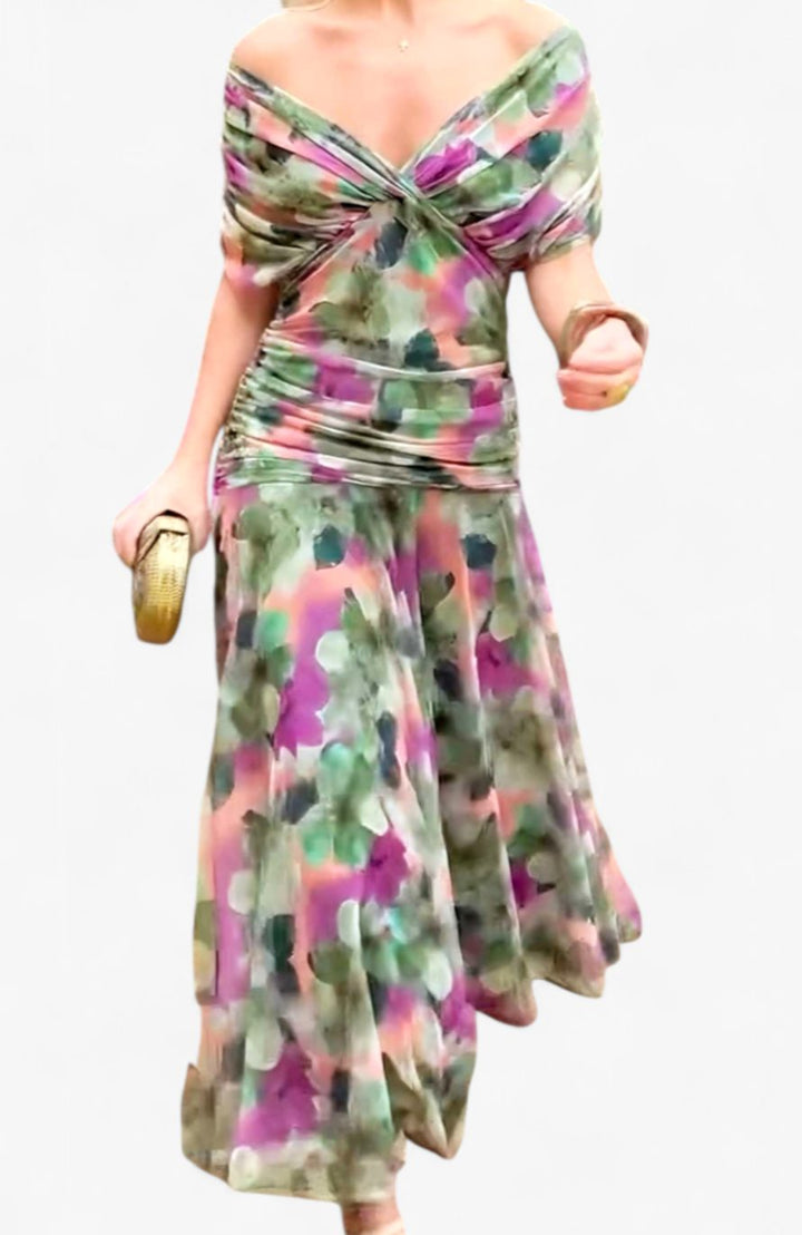 Women's Off-Shoulder Ruched V-Neck Elegant Maxi Dress