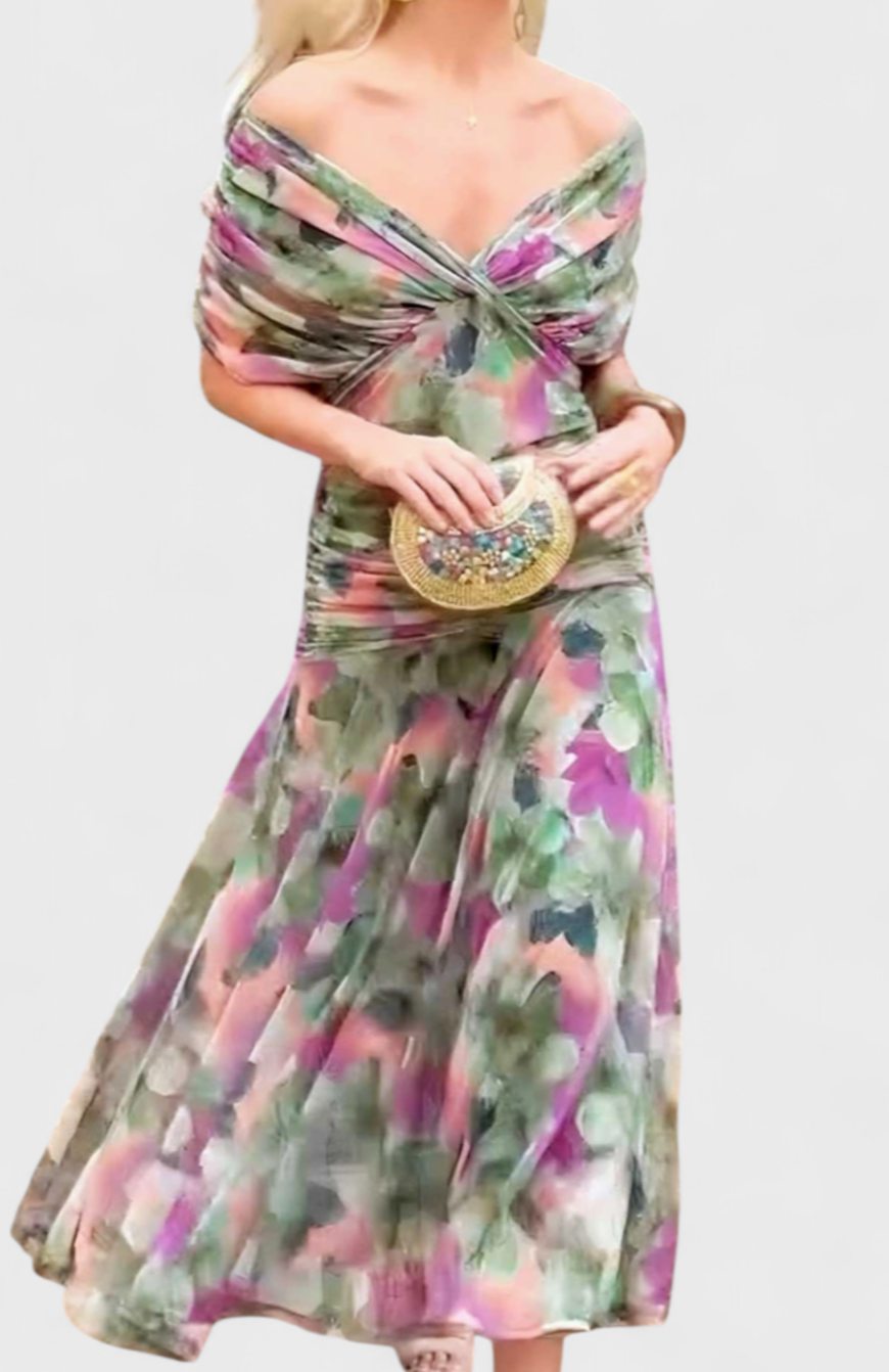Women's Off-Shoulder Ruched V-Neck Elegant Maxi Dress