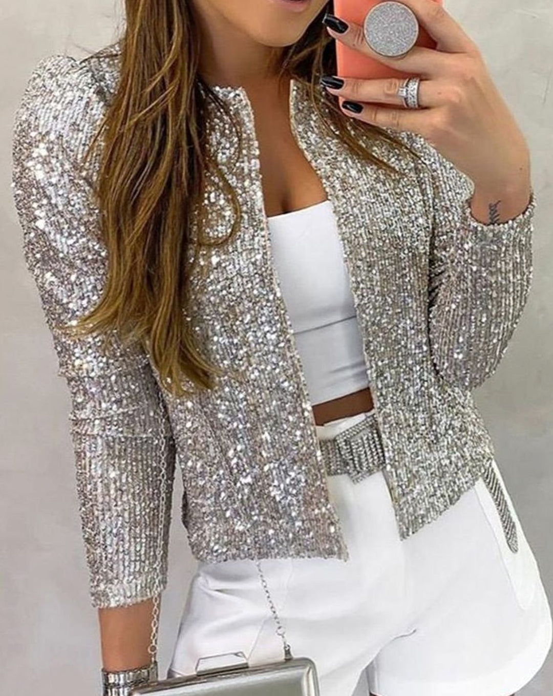 Women's Open-Front Sequin Party Jacket Long Sleeve Glitter Blazer - Silver