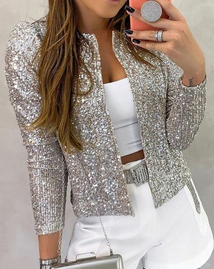 Women's Open-Front Sequin Party Jacket Long Sleeve Glitter Blazer - Silver