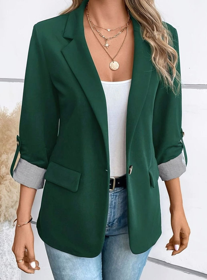 Women's Open-Front Striped-Cuff Rolled-Sleeve Office Blazer - Green