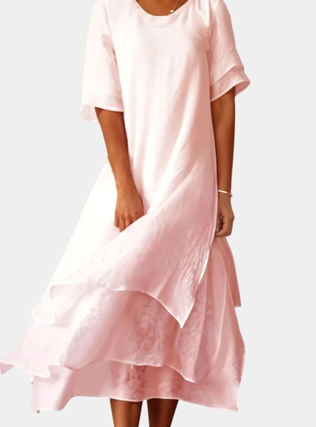 Women's Open-Neckline Layered-Hem Midi Dress Fluid Cut - Pink