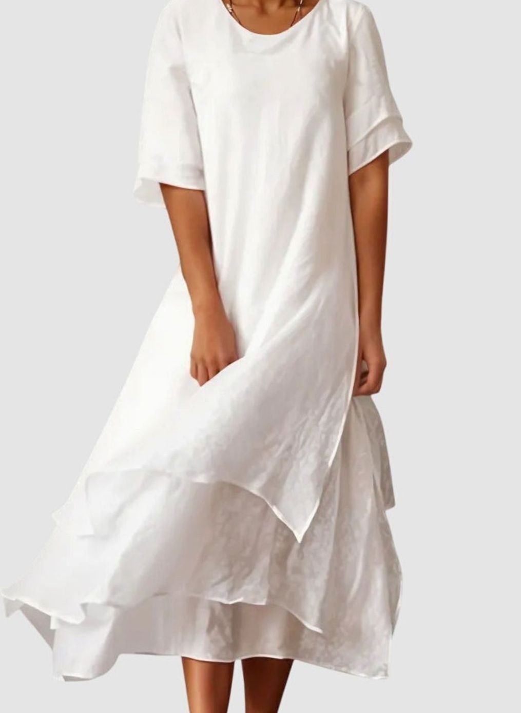 Women's Open-Neckline Layered-Hem Midi Dress Fluid Cut - White