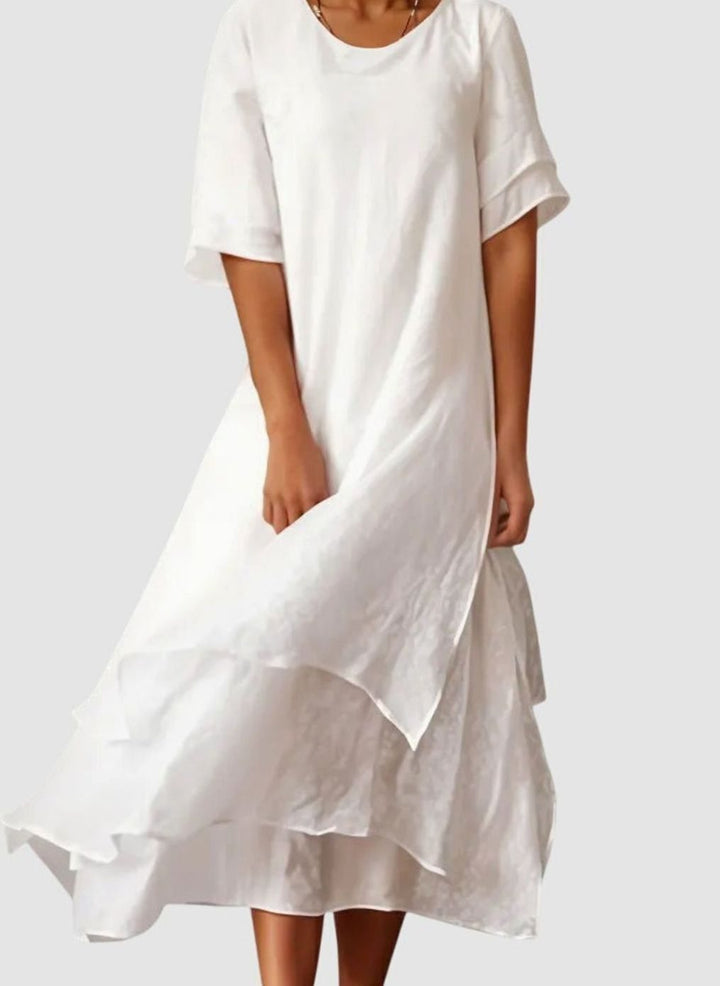 Women's Open-Neckline Layered-Hem Midi Dress Fluid Cut - White
