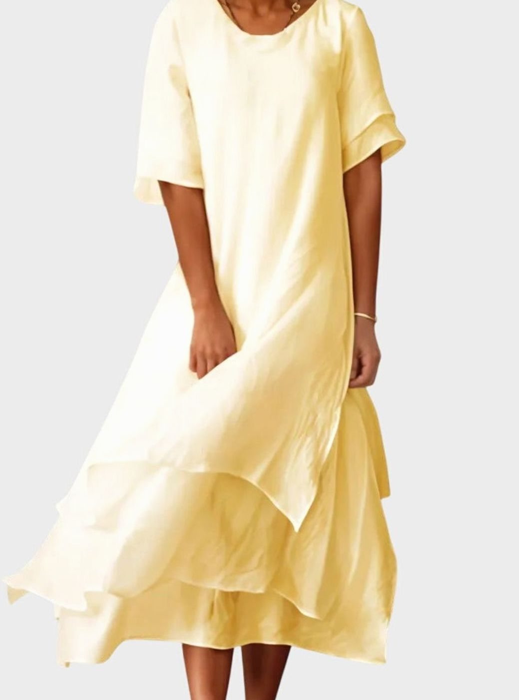 Women's Open-Neckline Layered-Hem Midi Dress Fluid Cut - Yellow