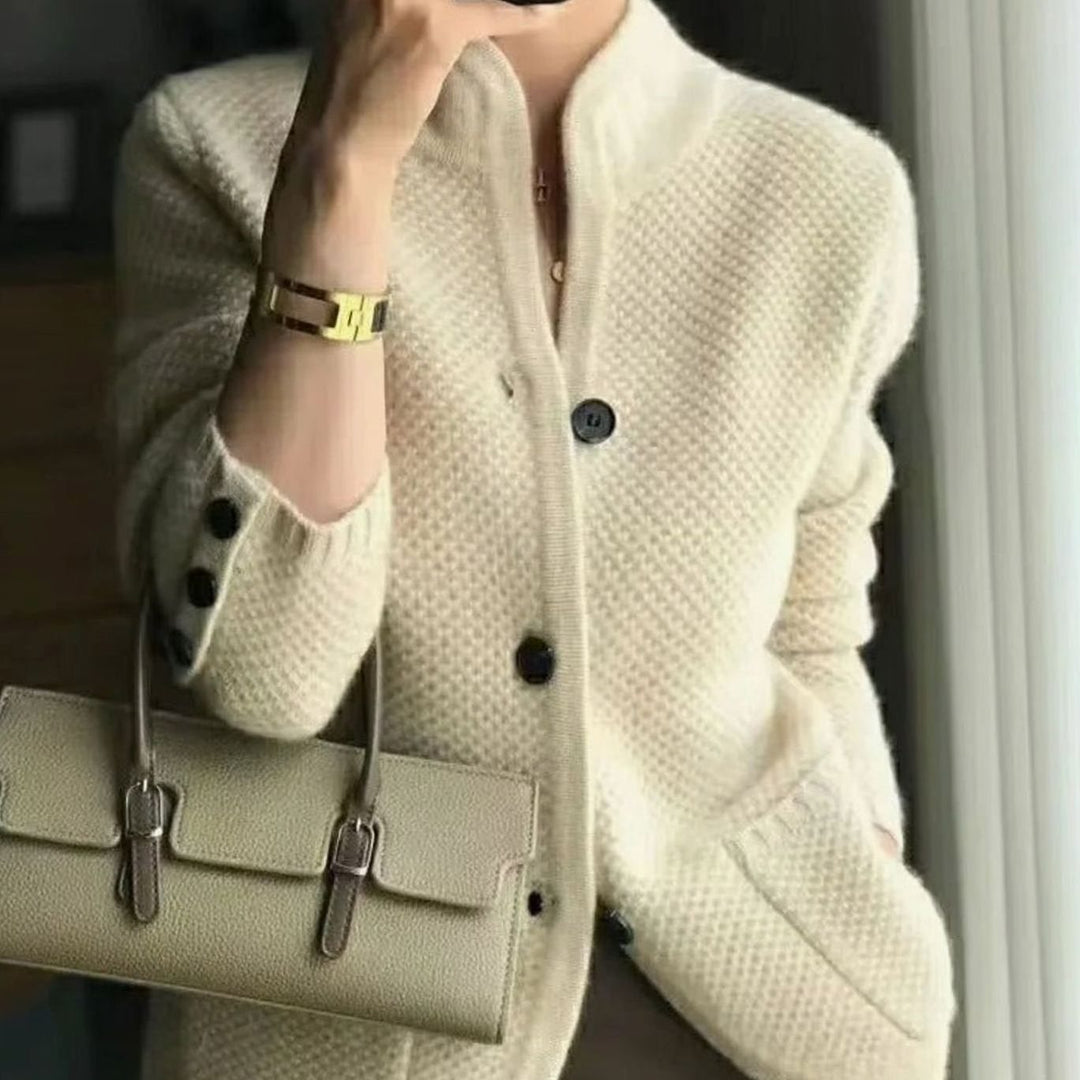 Women's Open-Pocket V-Neck Knit Button Cardigan - Beige