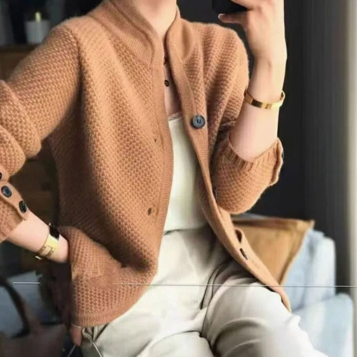Women's Open-Pocket V-Neck Knit Button Cardigan - Brown