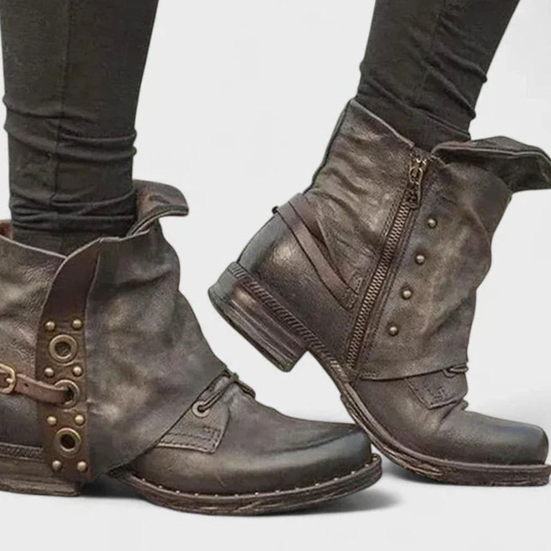 Women's Orthopedic Ankle Boots Buckle-Strap Side-Zip Moto Booties - Brown