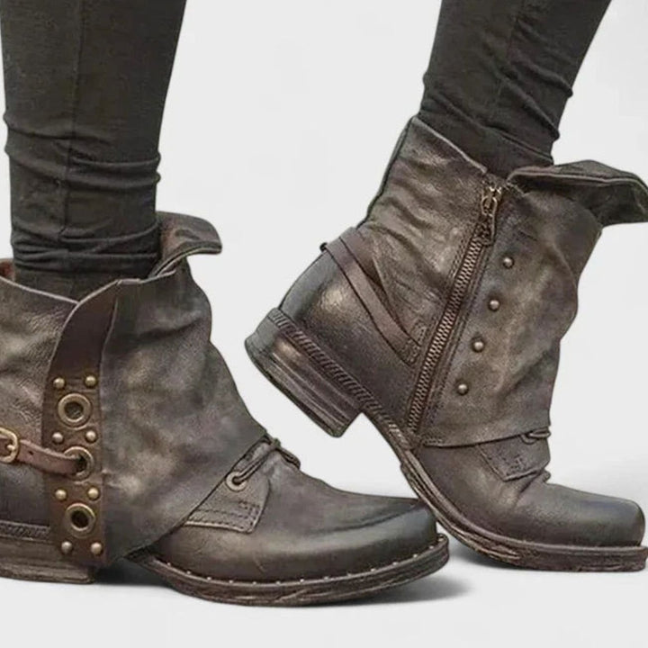 Women's Orthopedic Ankle Boots Buckle-Strap Side-Zip Moto Booties - Brown