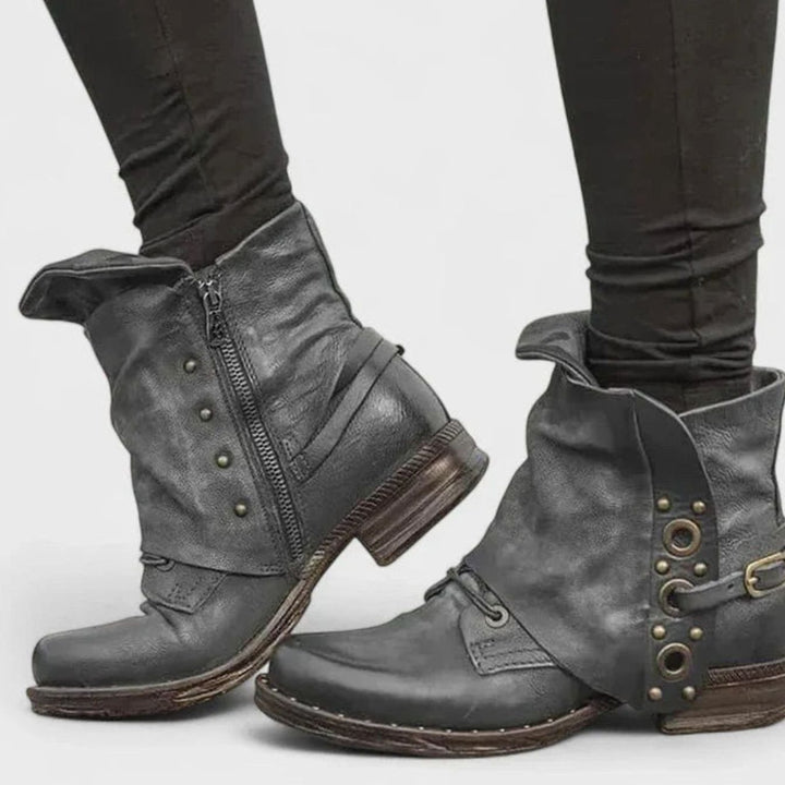 Women's Orthopedic Ankle Boots Buckle-Strap Side-Zip Moto Booties - Gray