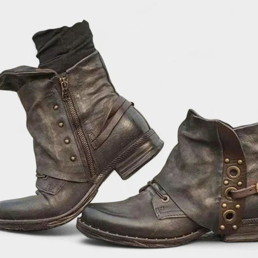 Women's Orthopedic Ankle Boots Buckle-Strap Side-Zip Moto Booties