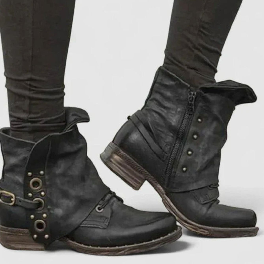 Women's Orthopedic Ankle Boots Buckle-Strap Side-Zip Moto Booties - Black