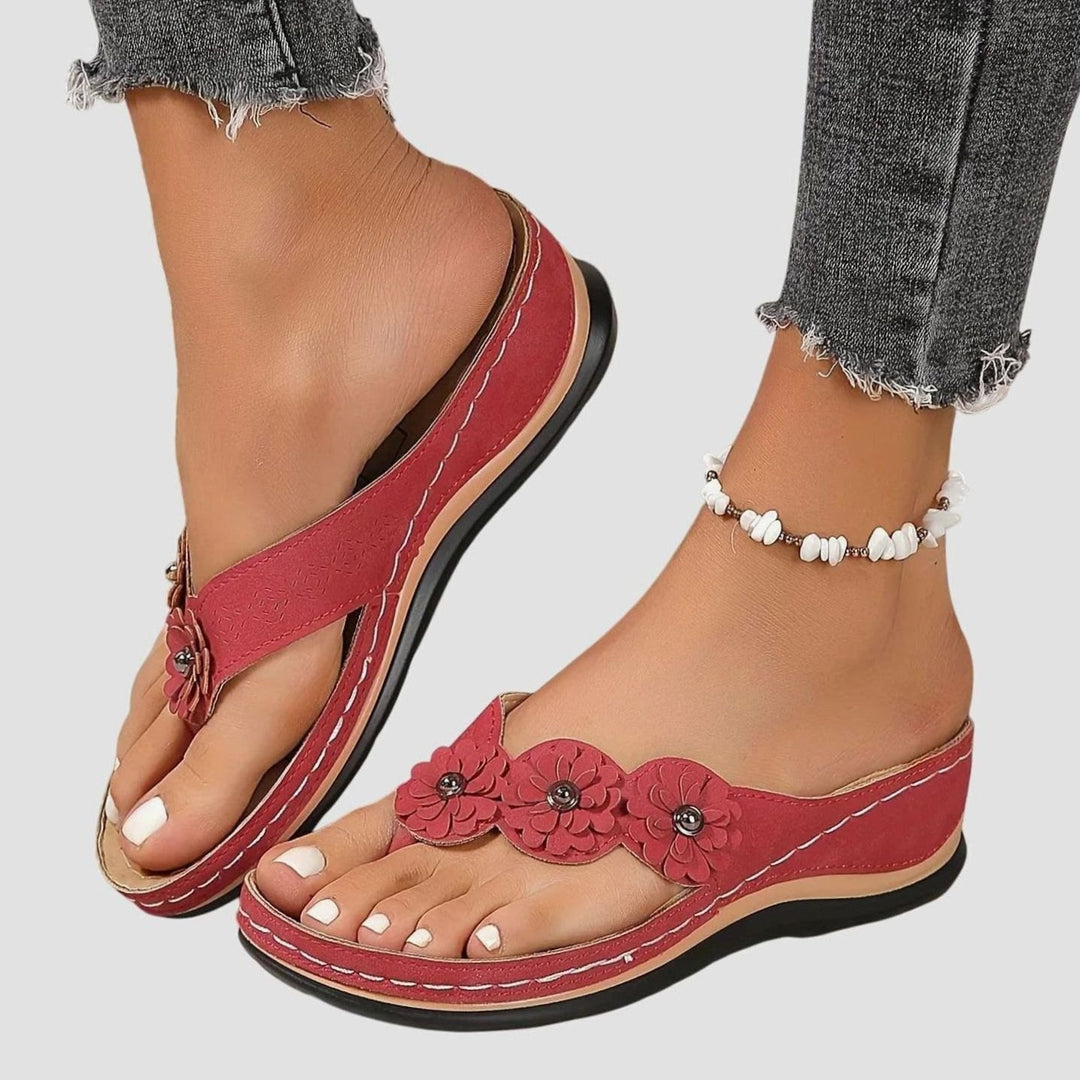 Women's Orthopedic Arch-Support Wedge Flip Flops Floral Toe-Post Sandals - Red